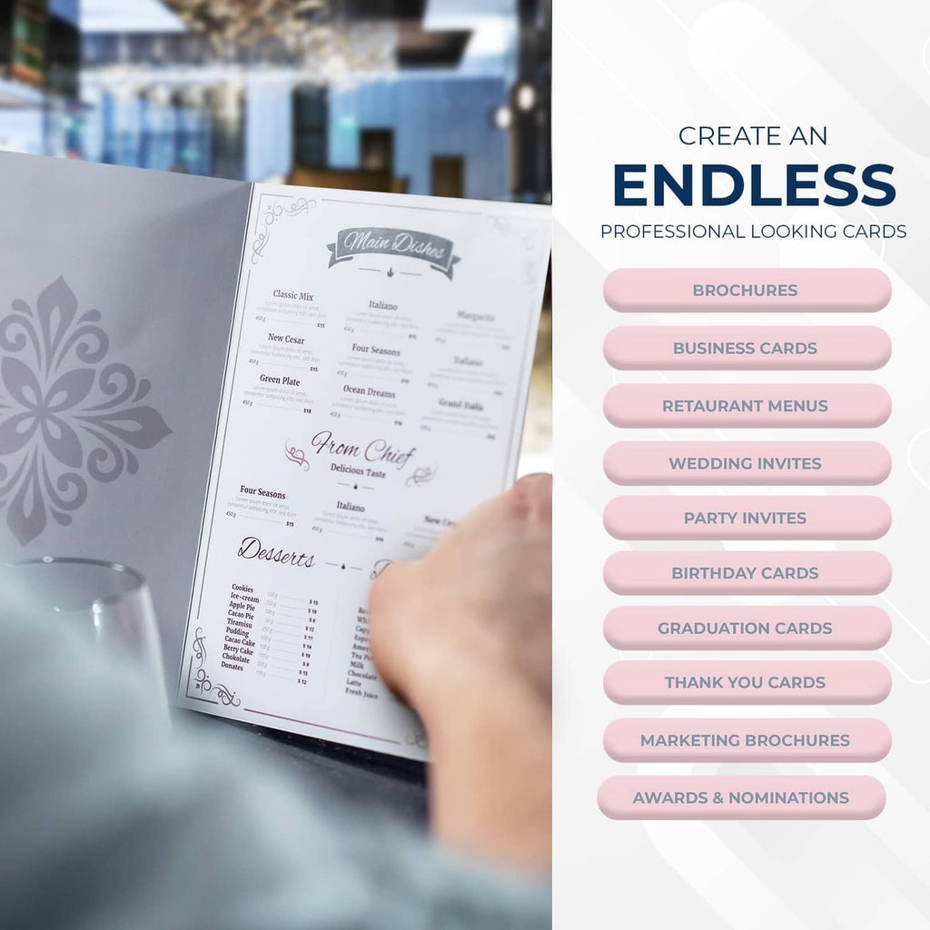 Printed menu cards on cardstock held in a hand