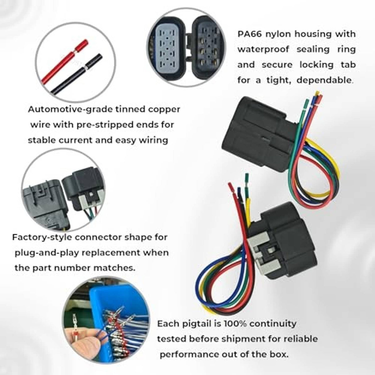 5-pin wiring pigtail connectors with pre-stripped colored copper wires and terminal set