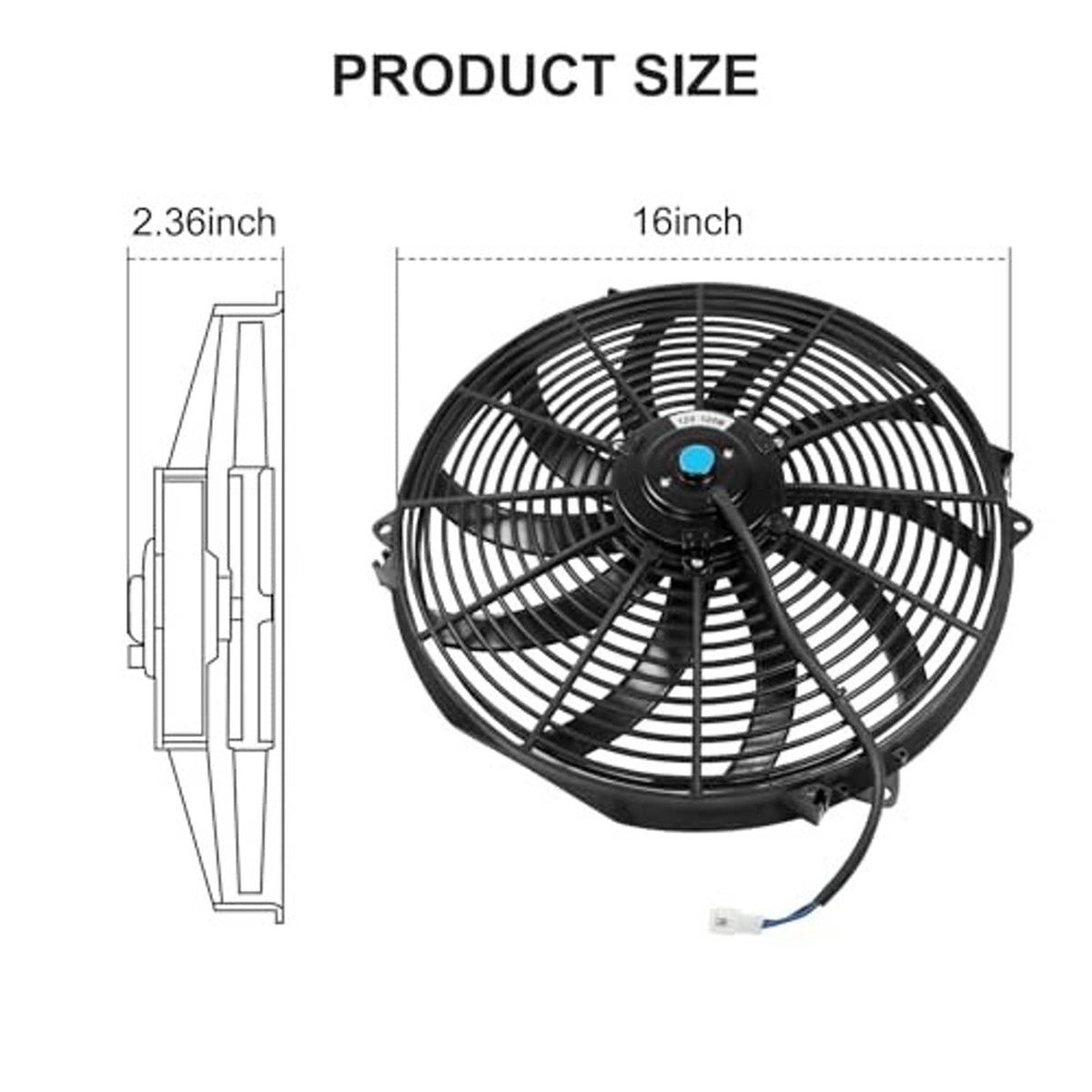 Black 16 in radiator cooling fan with mounting bracket and power lead wire