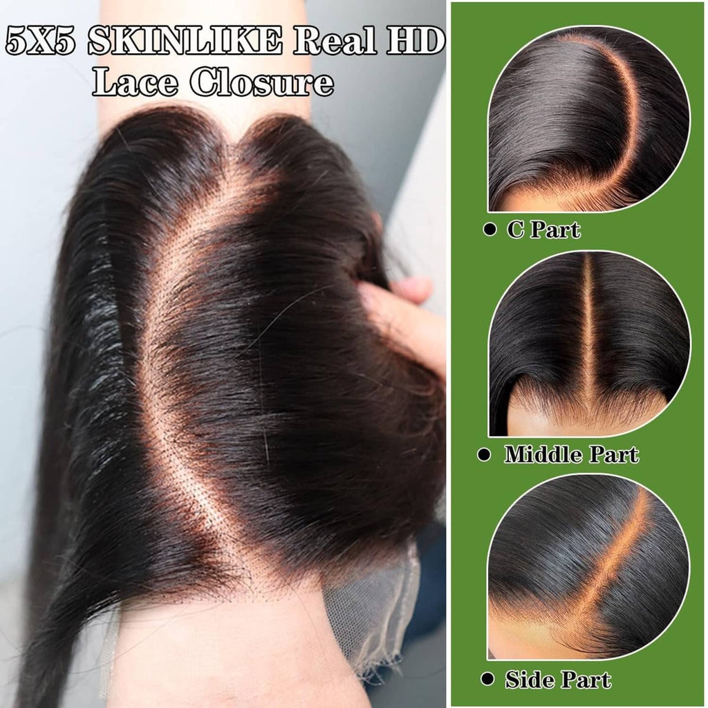 Straight black 3-part lace closure style with defined center and side parts