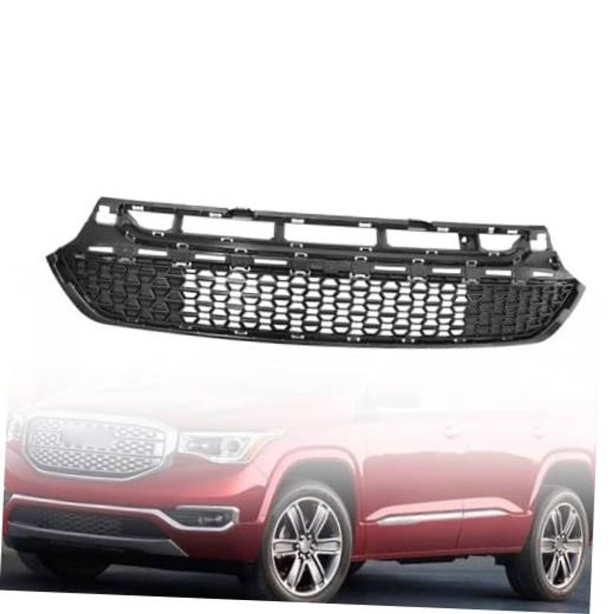 Black front bumper lower grille with hex-pattern mesh and horizontal bars