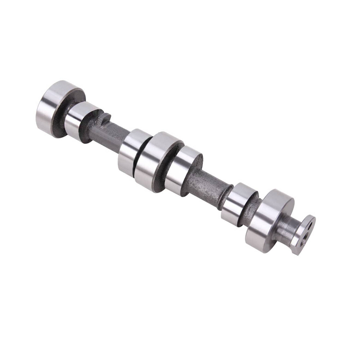 Camshaft with multiple lobes and steel journals, silver and dark gray
