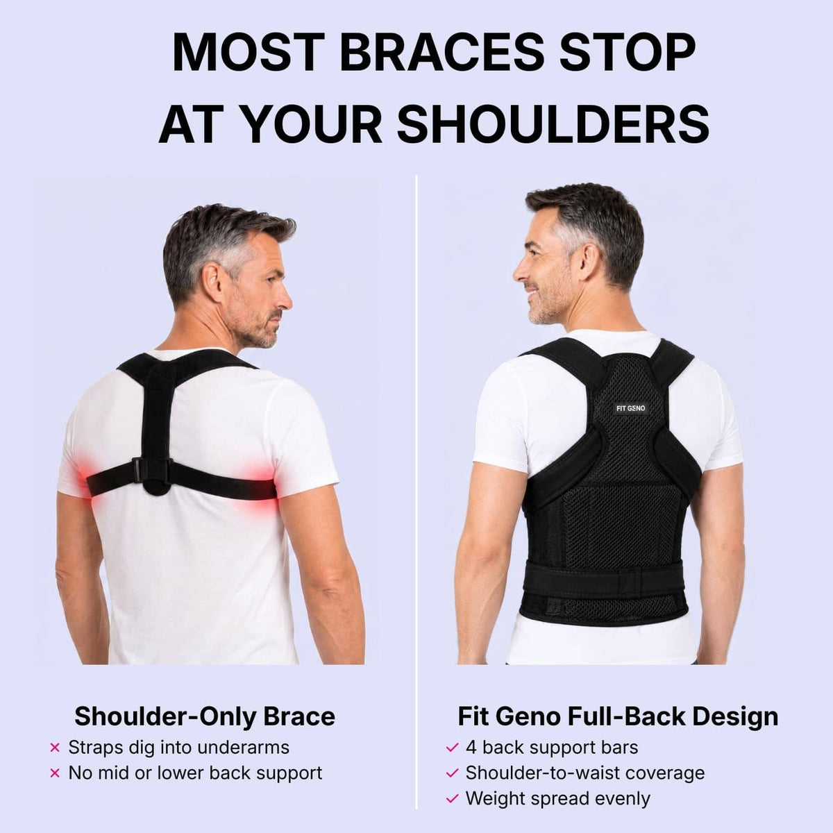 Black posture corrector brace with mesh back panel and shoulder straps on model