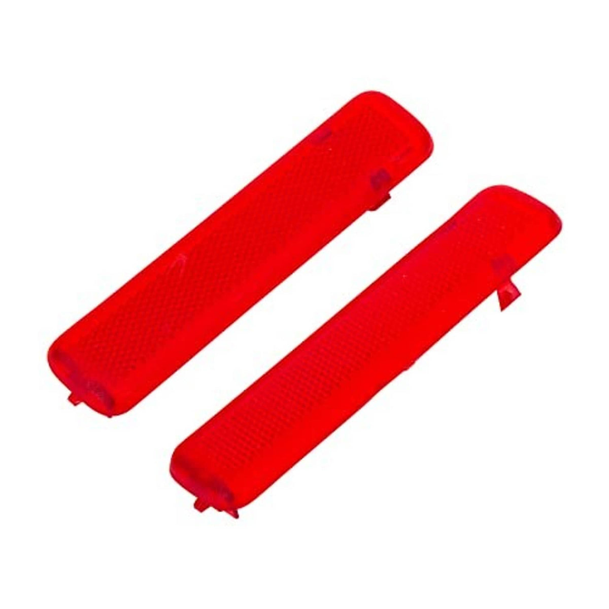 Two red rectangular door reflector panels with mounting tabs on the underside