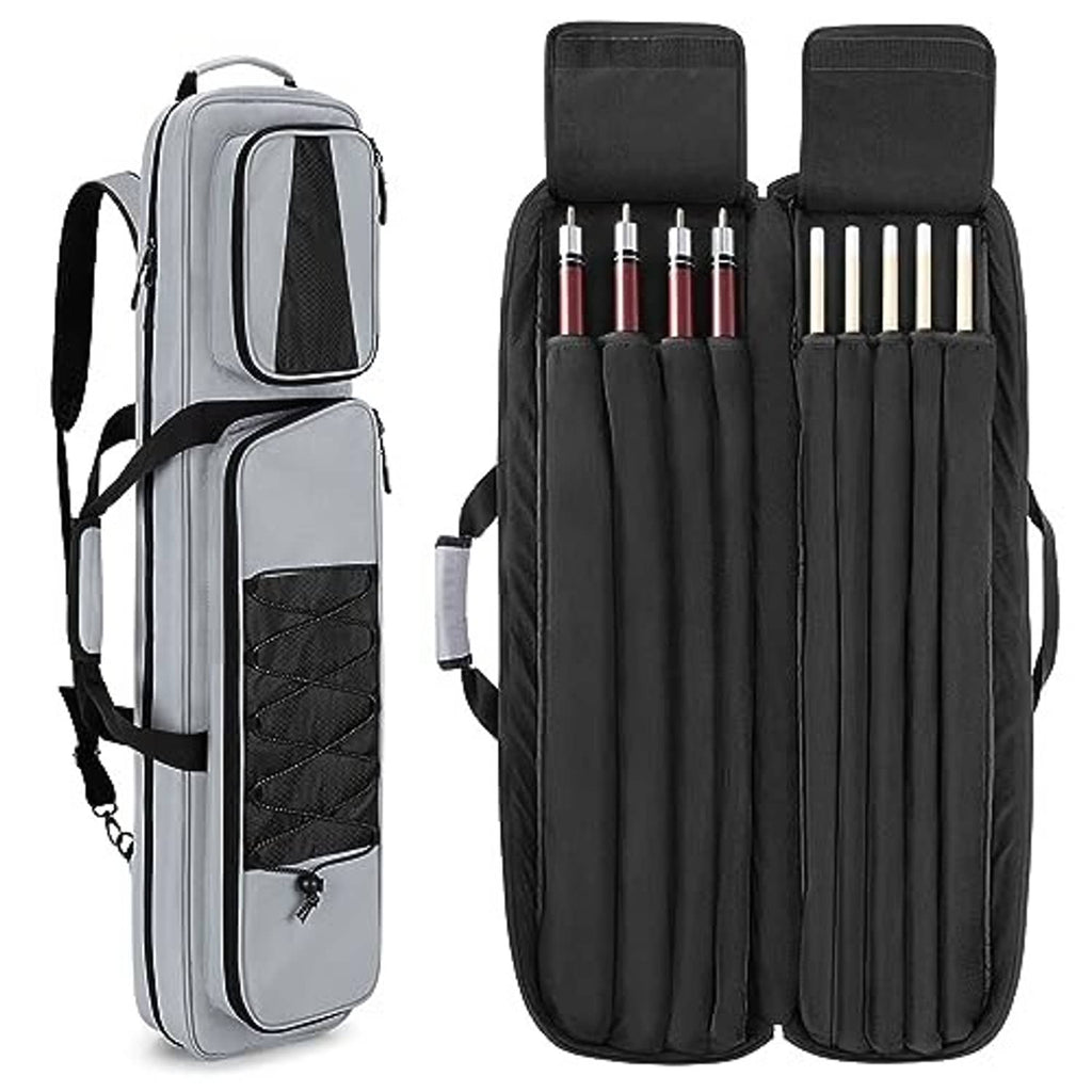 Grey-and-black pool cue case open with divided padded pockets for cue sticks