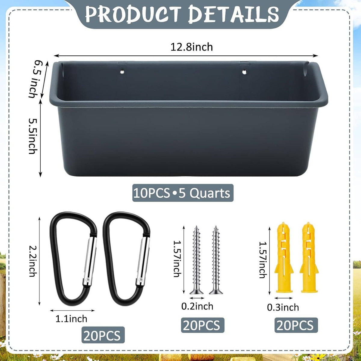Dark gray 5-quart feeder trough with mounting loops and size diagram