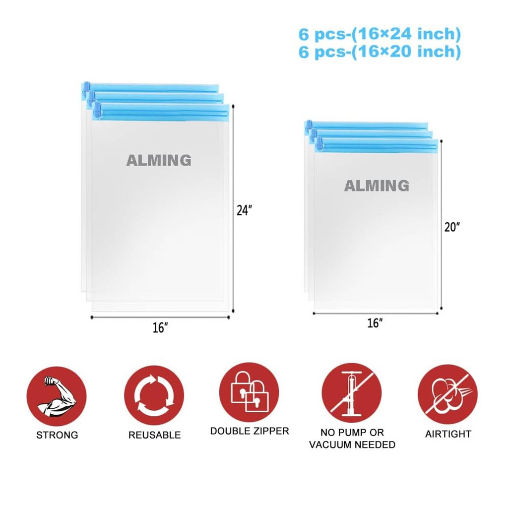 Vacuum storage bags with blue zip closures, clear front set for travel compression