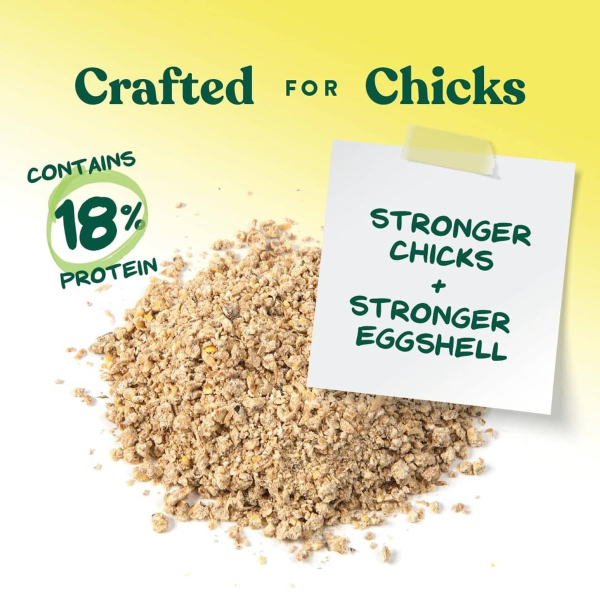 Chick starter grower crumble feed mound with 18% protein badge and stronger chicks callout