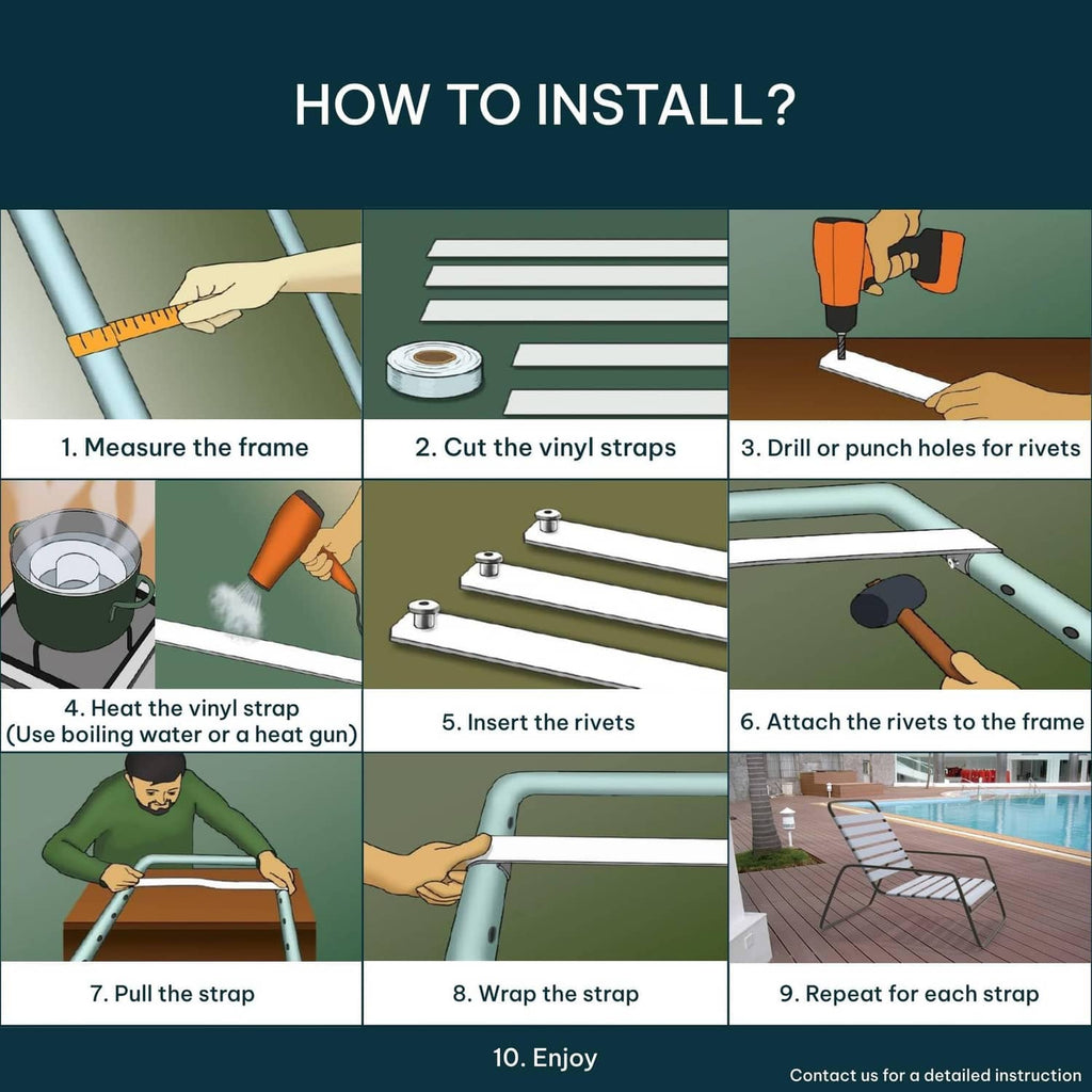 Vinyl strap installation guide with steps for cutting, riveting, and attaching