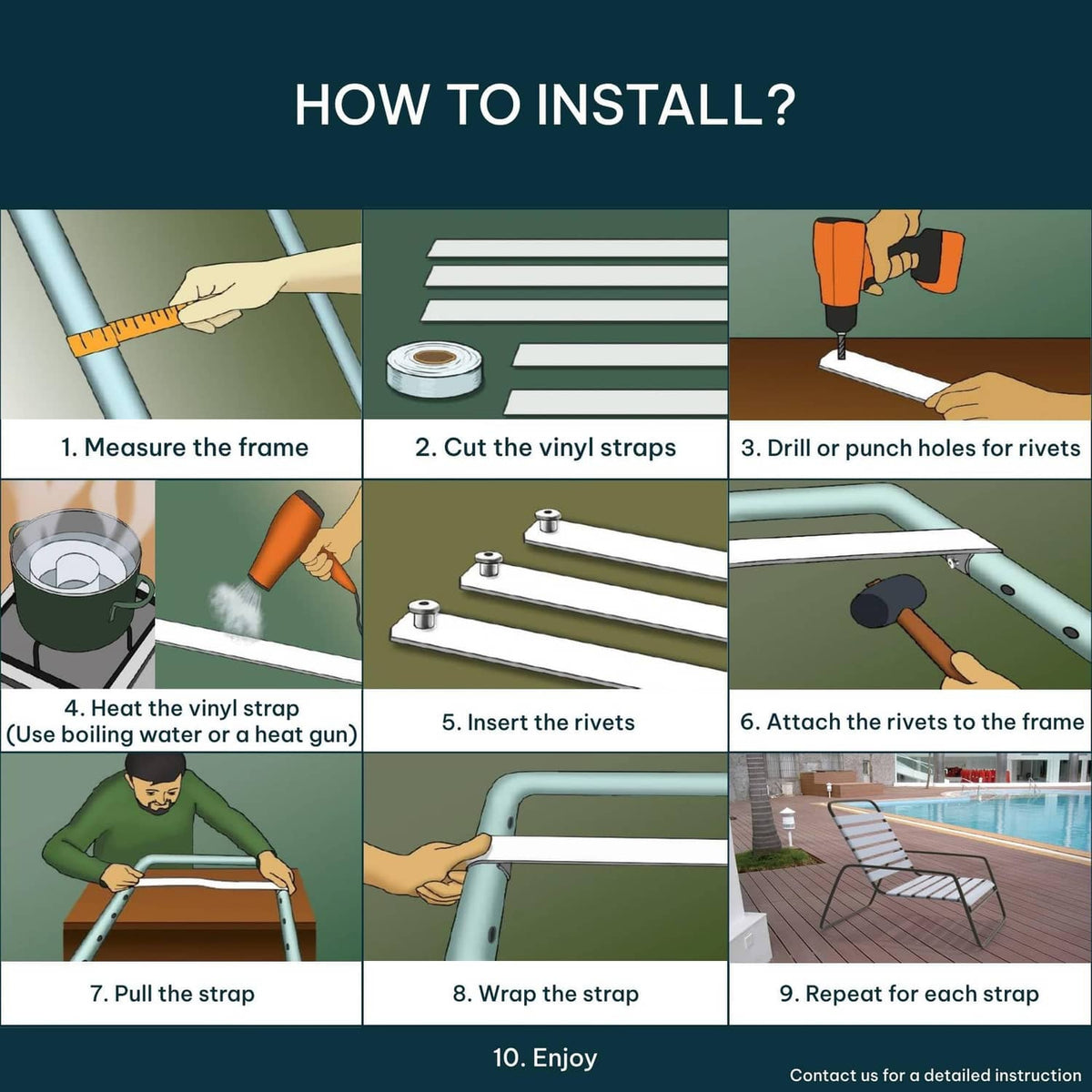 Vinyl strap installation guide with steps for cutting, riveting, and attaching