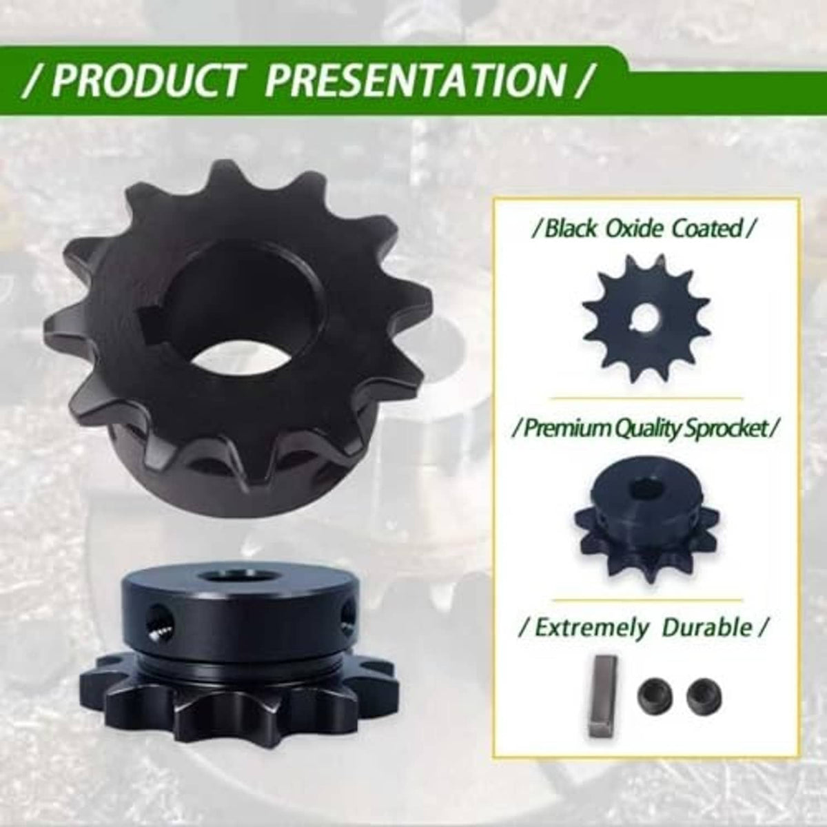 Black oxide coated 25-tooth roller chain sprocket with side view and included hardware