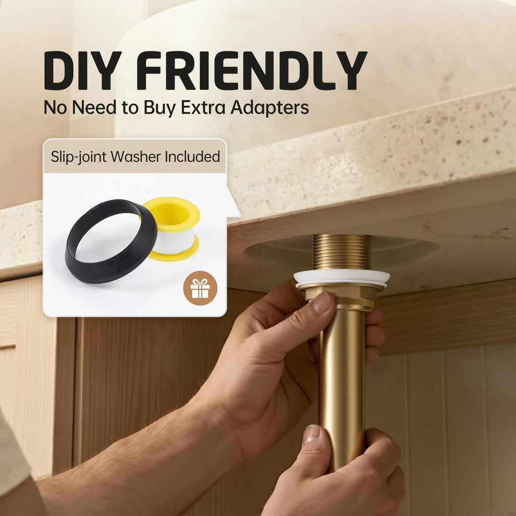 Hand installs brushed gold pop-up drain under sink, with slip-joint washer included