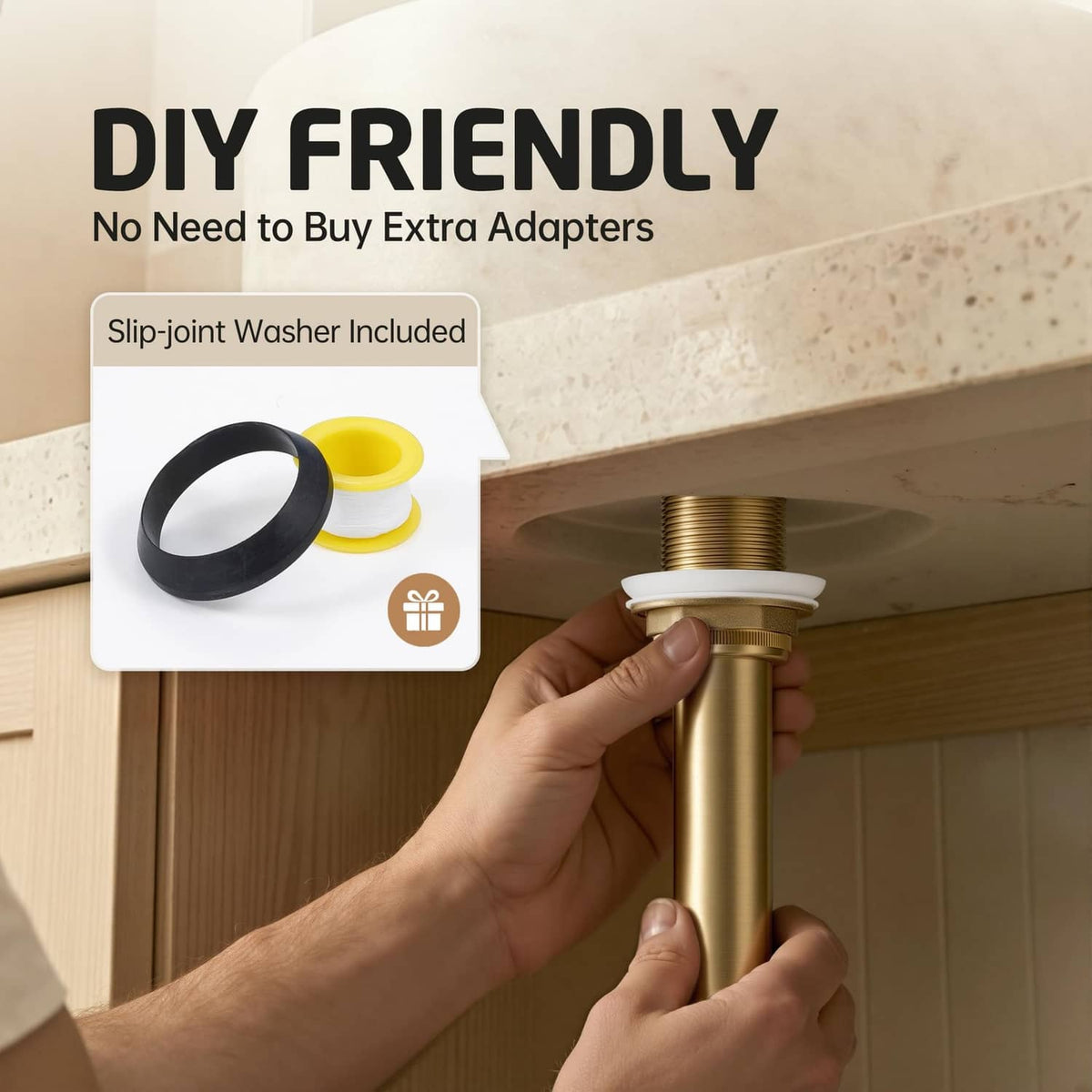 Hand installs brushed gold pop-up drain under sink, with slip-joint washer included