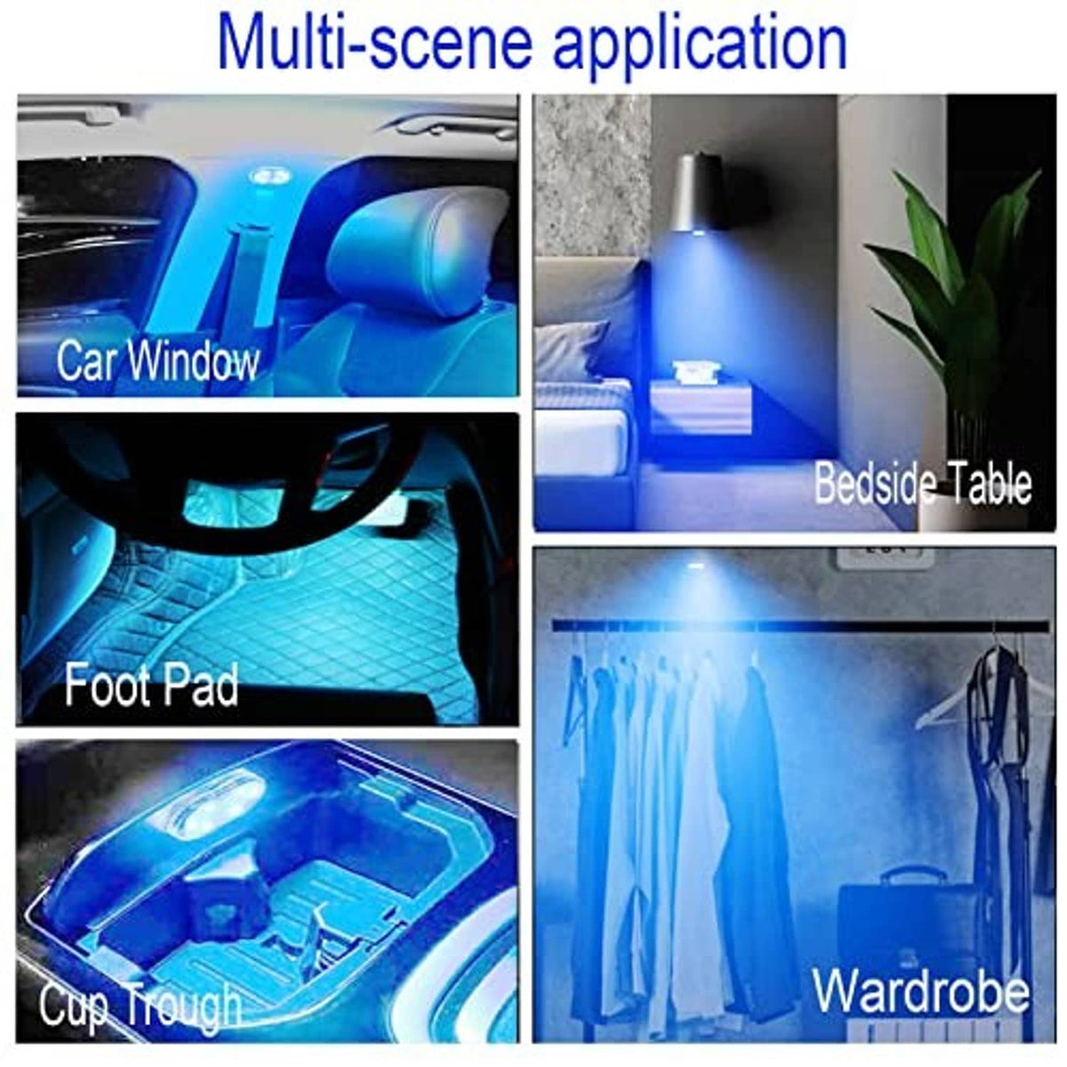Ice blue LED lights shown for car window, foot pad, cup holder, and wardrobe