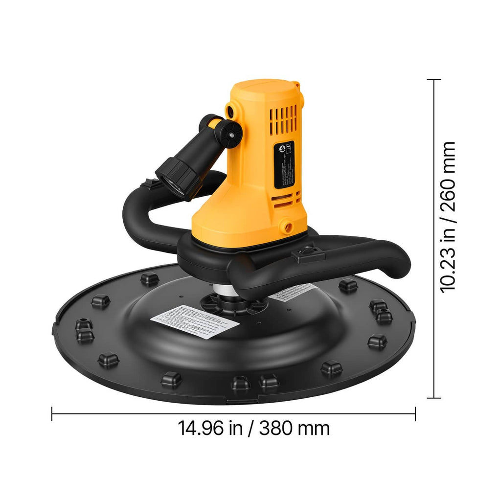 Electric concrete floor finisher with yellow motor and round black float pan, size view