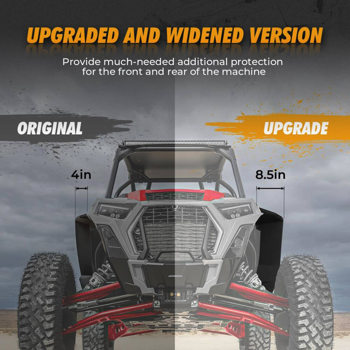 Front view of a UTV with widened black fender flare extensions installed
