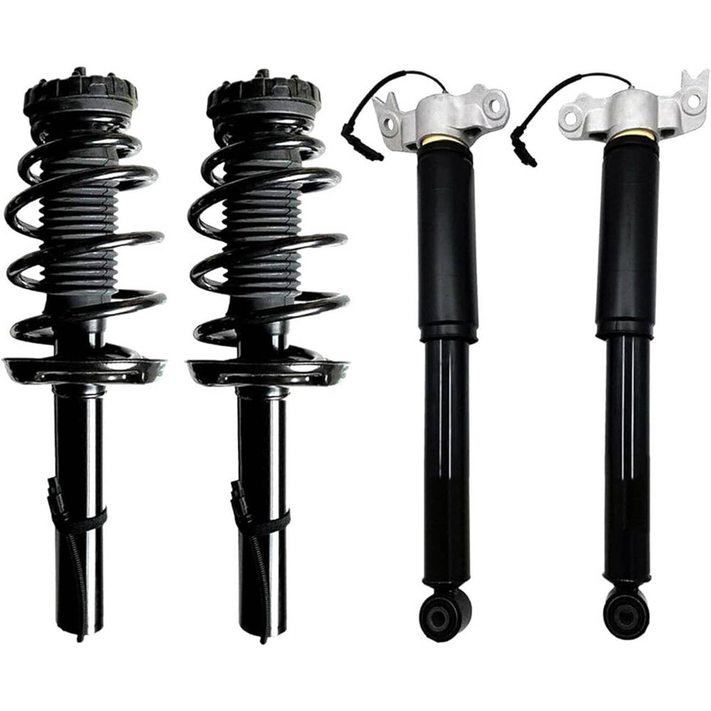 Front and rear shock strut assembly set with black coil springs and silver mounting brackets