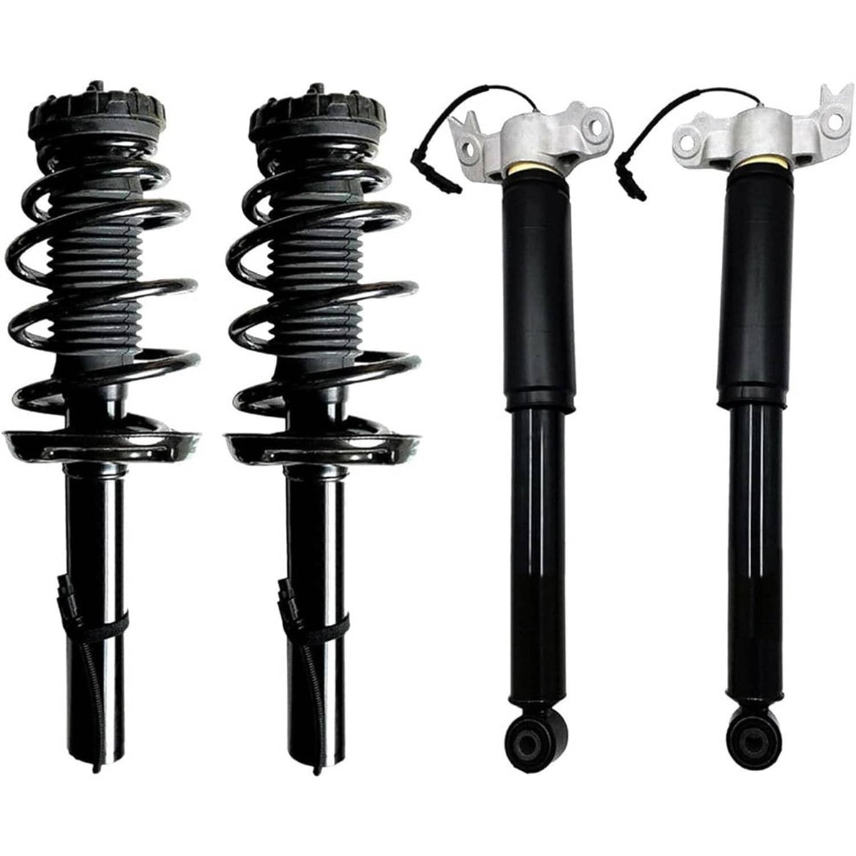 Front and rear shock strut assembly set with black coil springs and silver mounting brackets