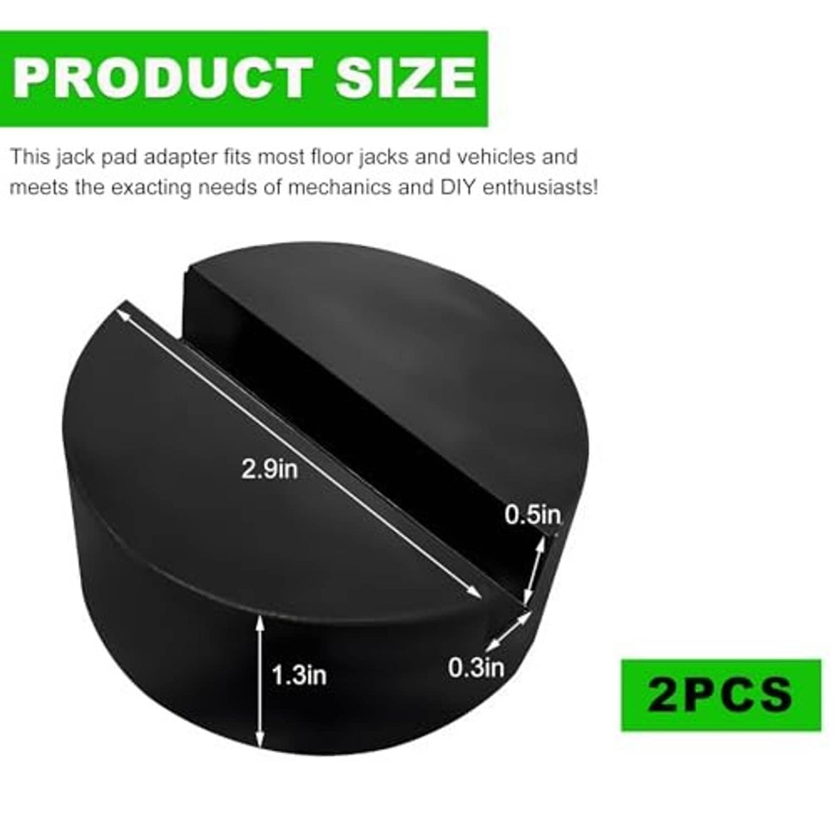 Black semicircle rubber jack pad adapter with slotted edge and size dimensions shown
