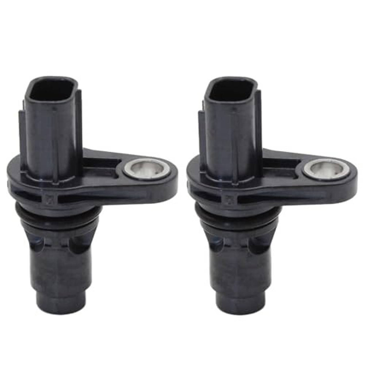 Two black camshaft position sensors, angled view with metal sensor openings