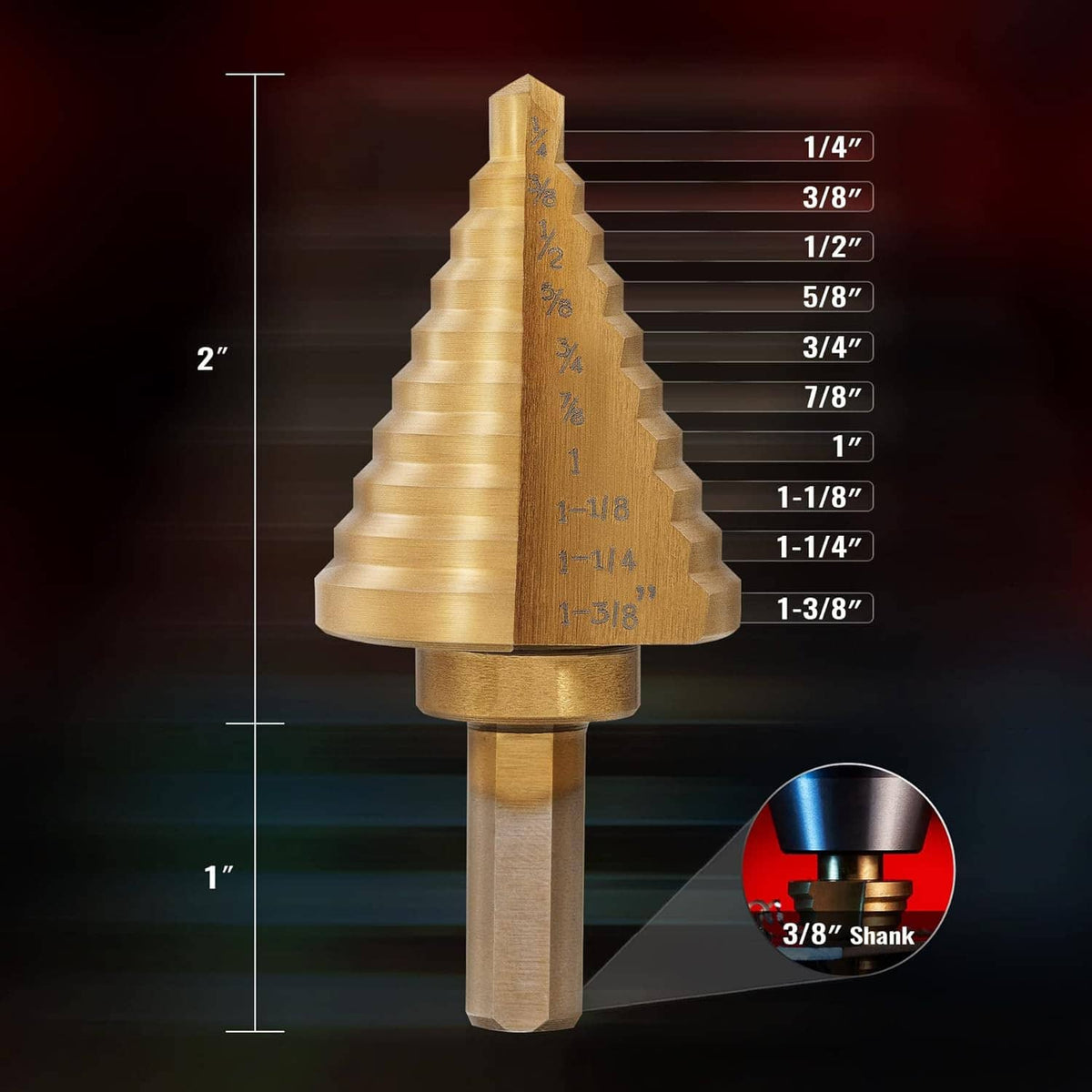 Titanium step drill bit with engraved size markings and silver shank, dimensioned view
