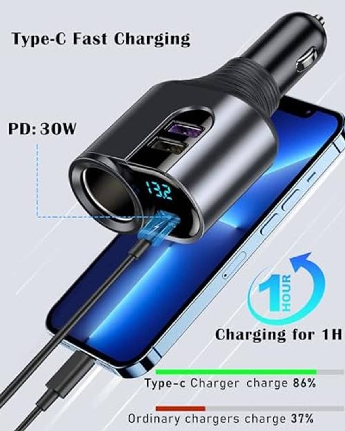 Silver car USB-C fast charger with circular socket, blue LED display, 3 USB ports