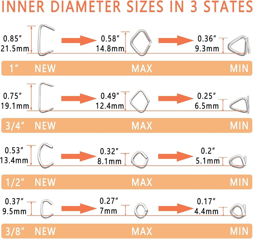 Hog ring inner diameter size chart showing 1", 3/4", 1/2", and 3/8" ranges