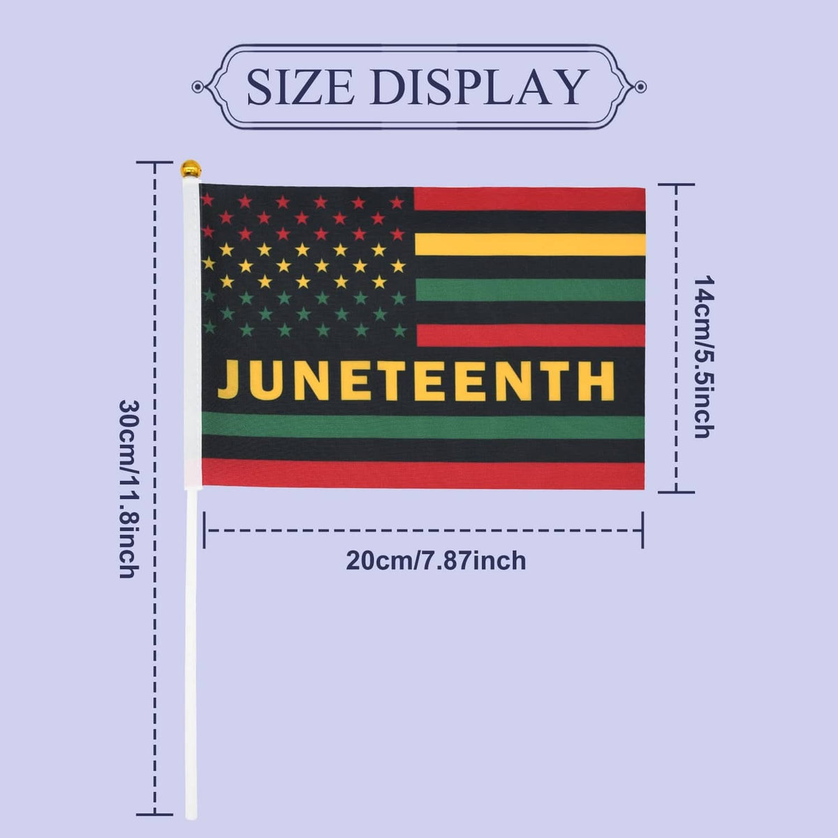 Juneteenth mini flag with star field, multicolor stripes, and “JUNETEENTH” on a small pole