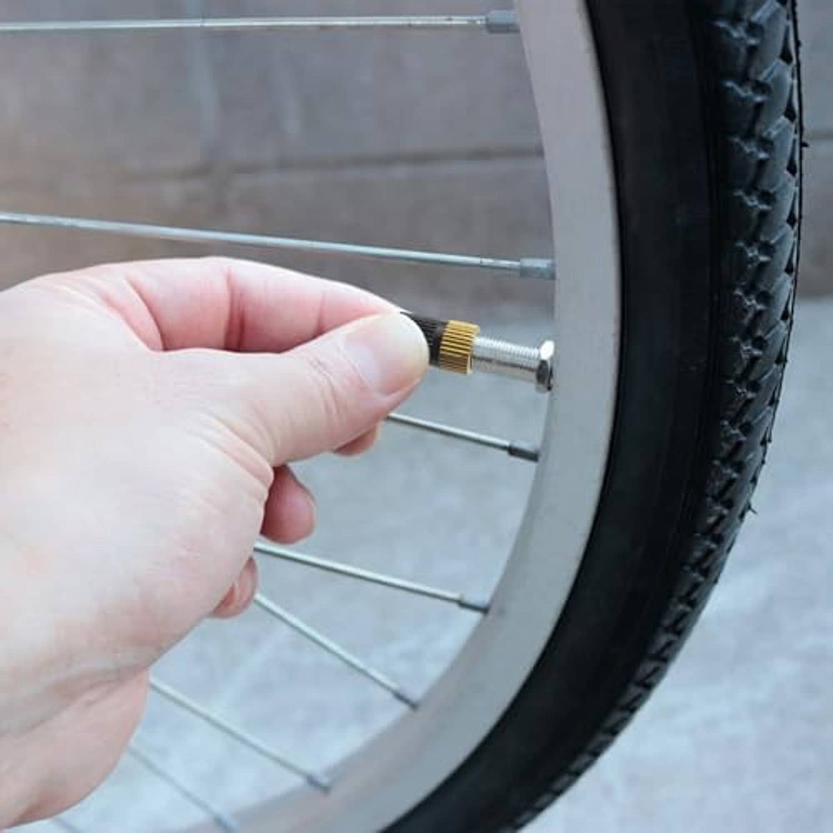 Brass Presta-to-Schrader valve adapter fitted on a bicycle wheel valve stem