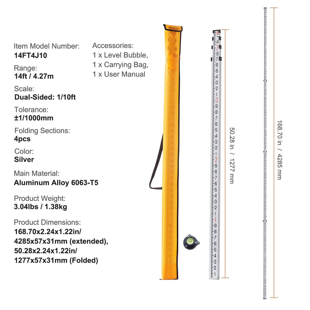Telescopic grade rod with carrying strap, round bubble level, and height scales