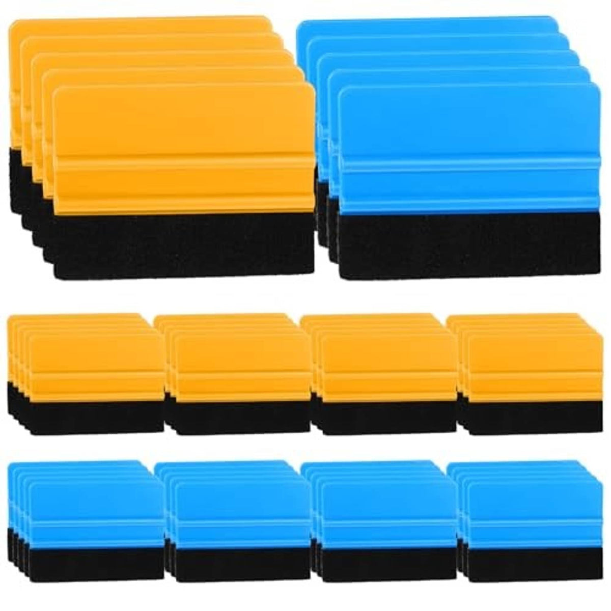 Felt-edge vinyl squeegees, 4-inch plastic blades in yellow and blue, stacked (50 pack)