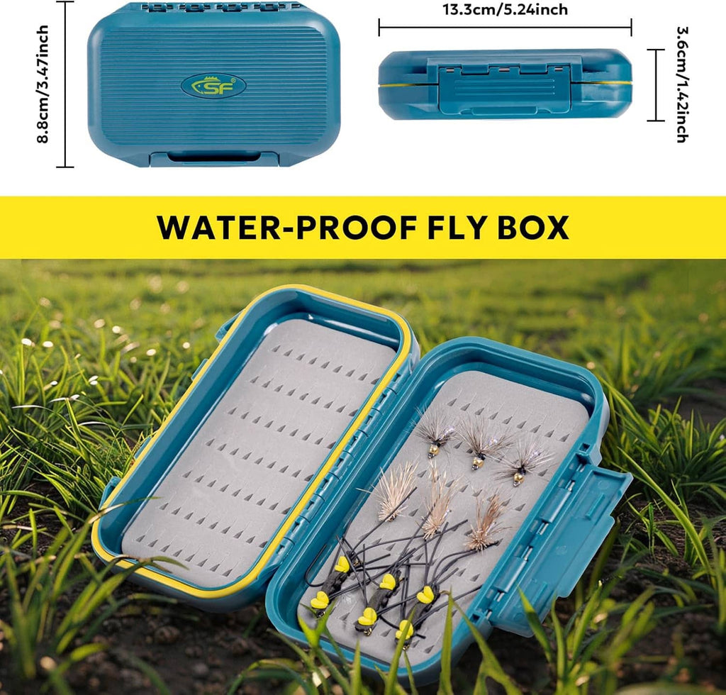 Water-proof fly box with blue-teal hinged case and foam insert