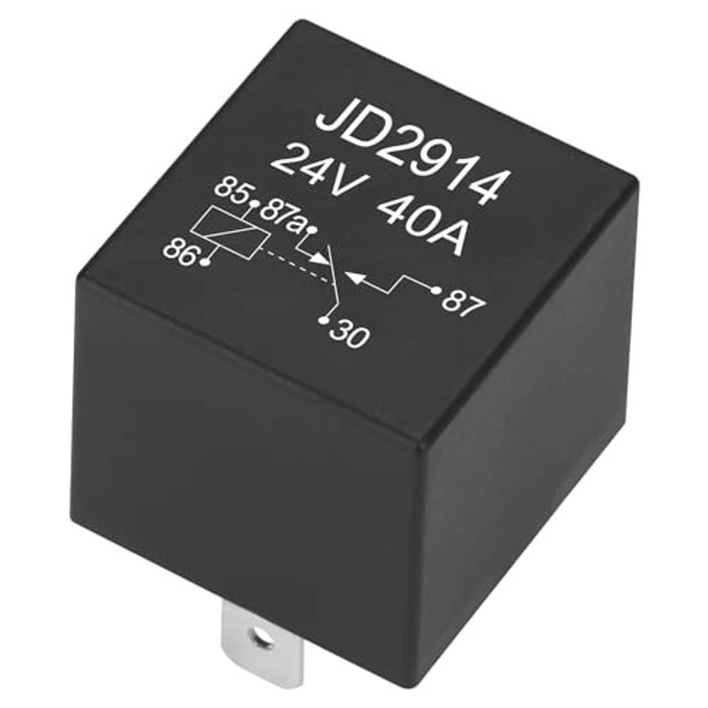Automotive relay black cube with “JD2914 24V 40A” marking and bottom mounting tab
