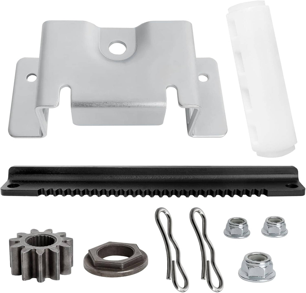 Steering service kit bracket with black rack bar, pinion gear, cotter pins, and white sleeve