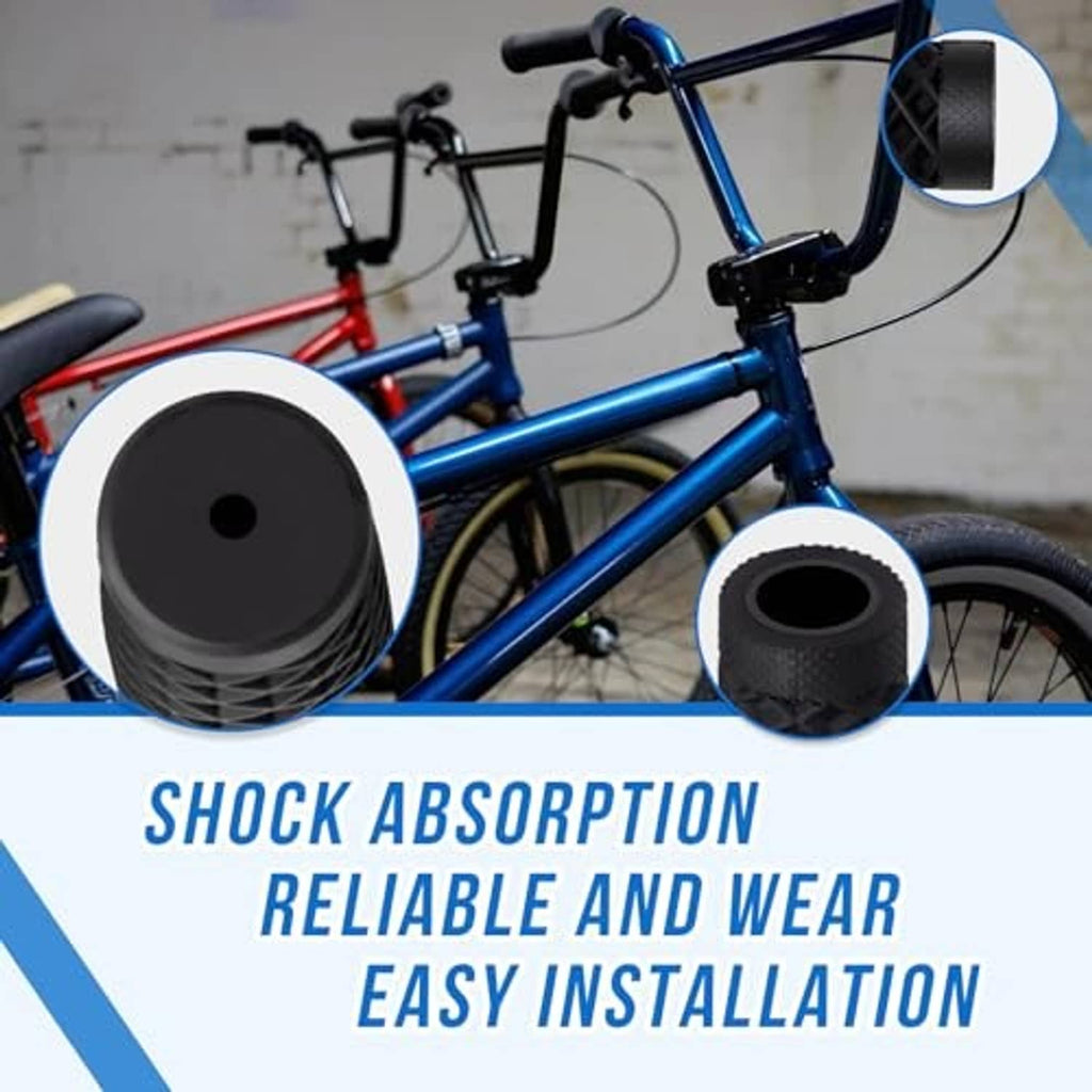Black textured handlebar grips closeups with open ends, shown with a bicycle