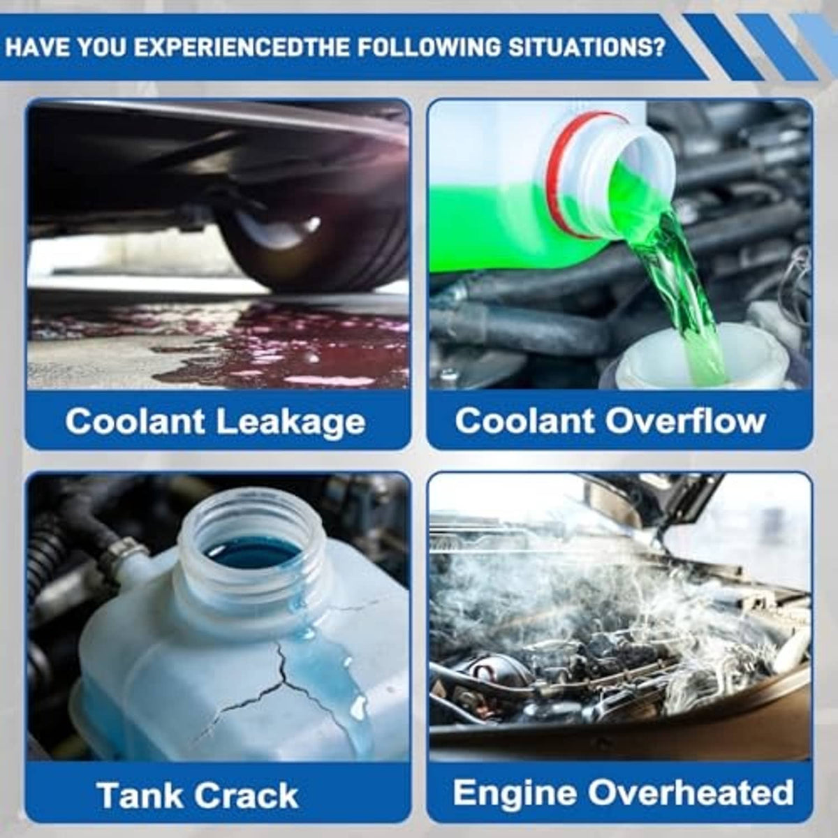 Coolant overflow reservoir tank shown with coolant leak and overflow situation icons