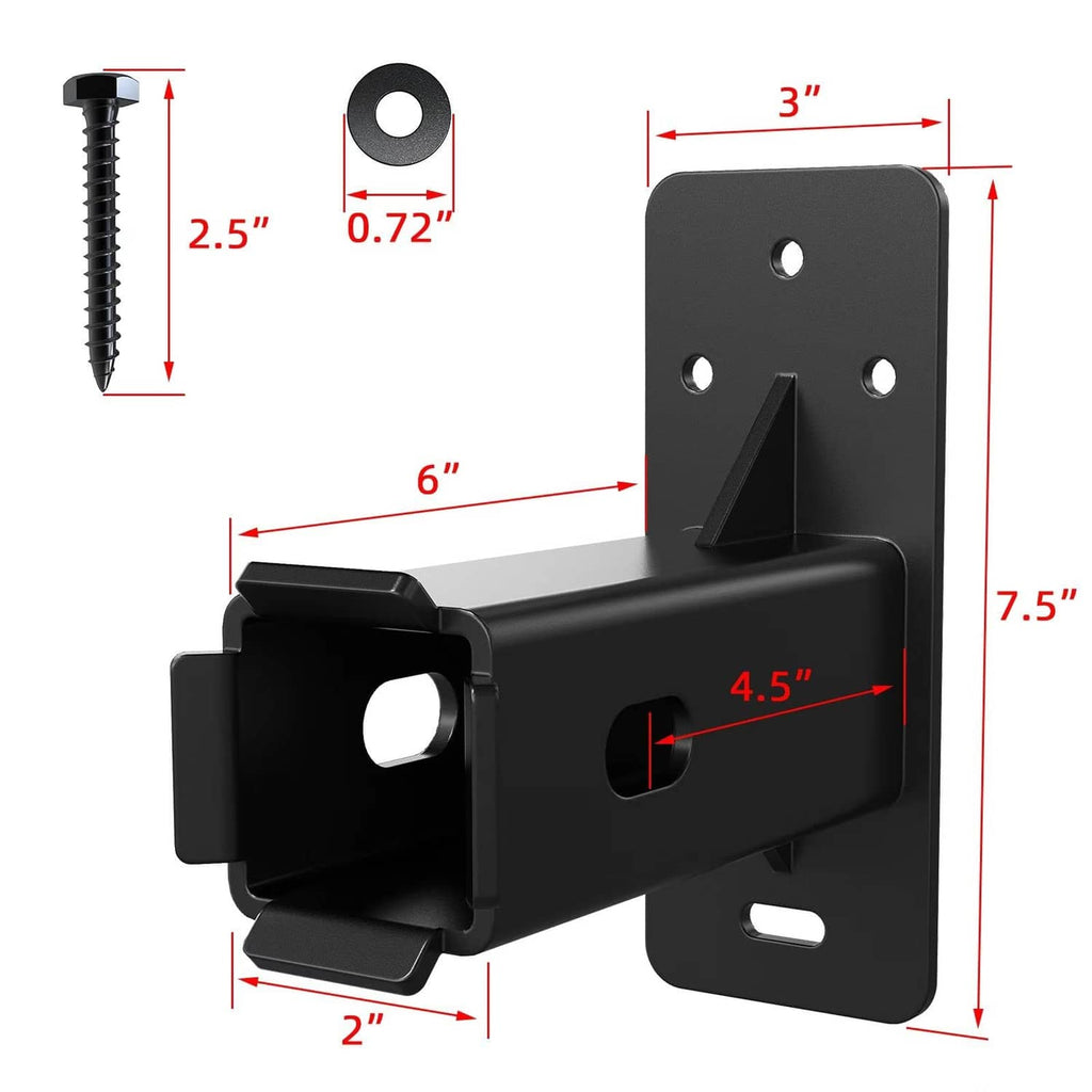 Black hitch wall mount bike rack bracket with L-shaped receiver and mounting holes