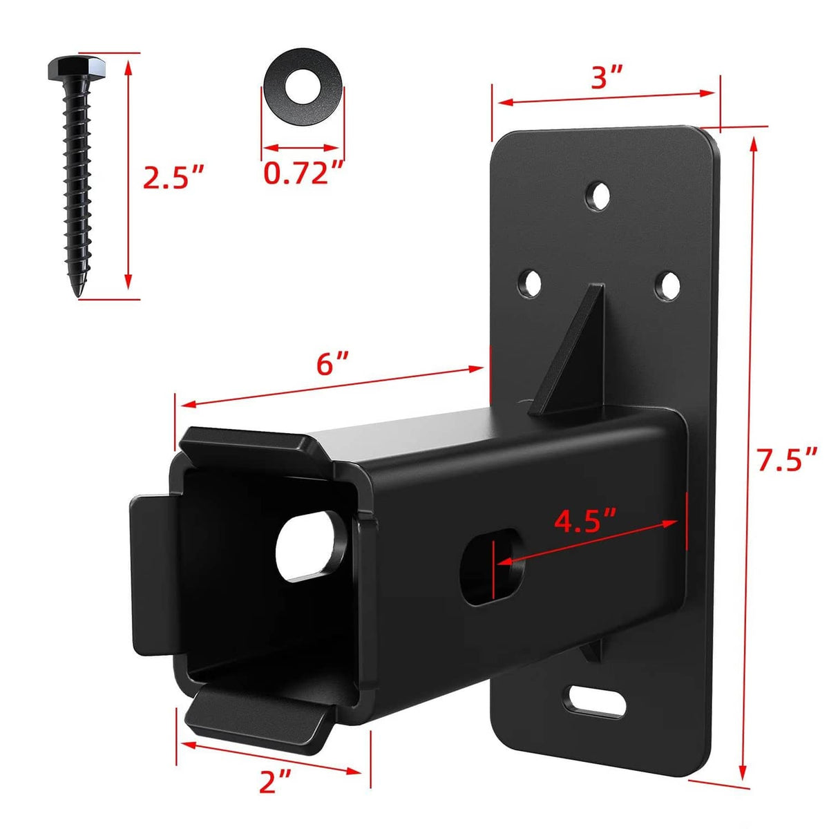 Black hitch wall mount bike rack bracket with L-shaped receiver and mounting holes
