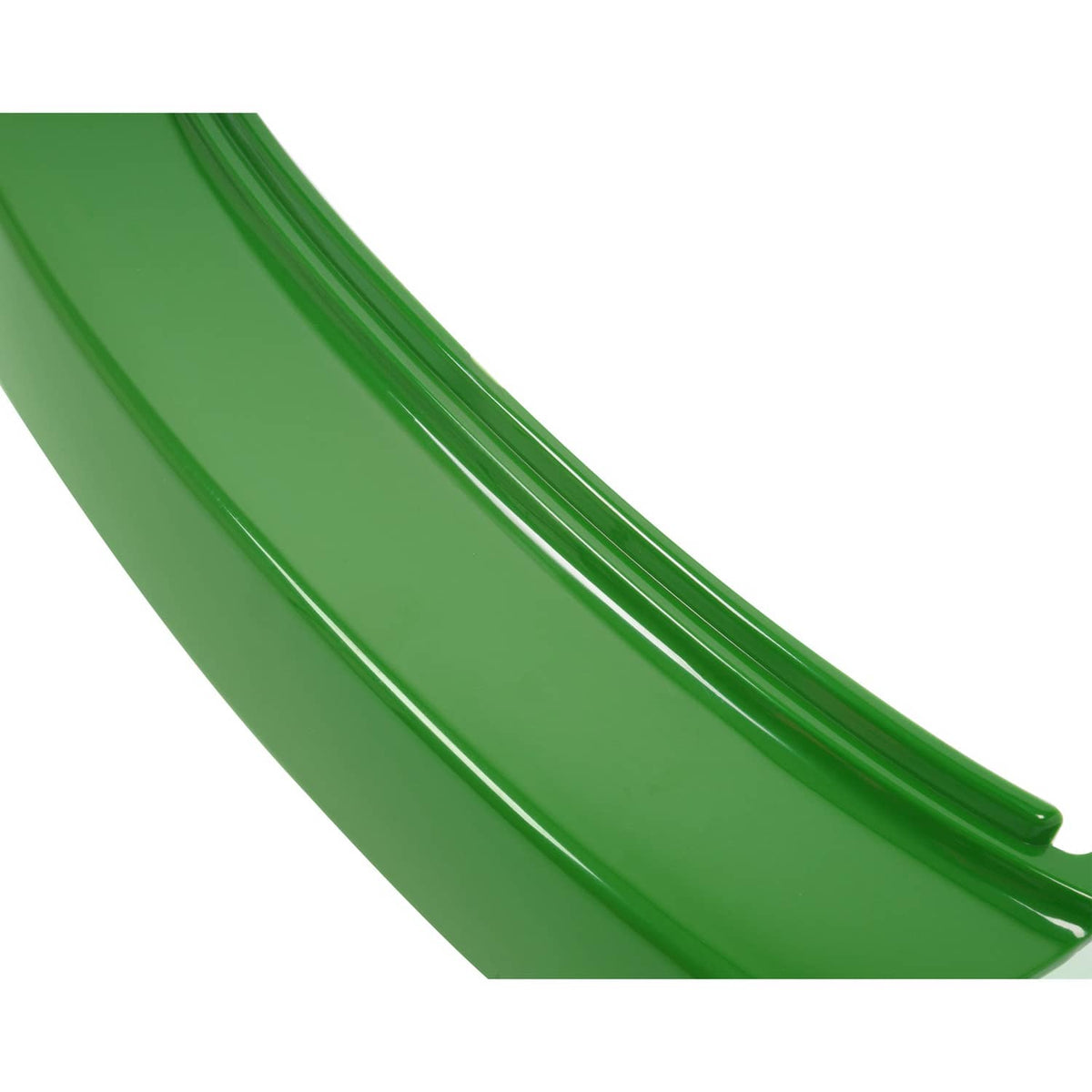 Green front bumper for John Deere mower, close-up of top grille trim line