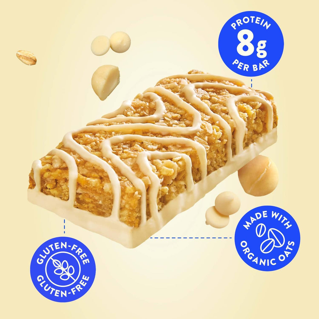 LUNA white chocolate macadamia nut snack bar with protein and organic oats badges