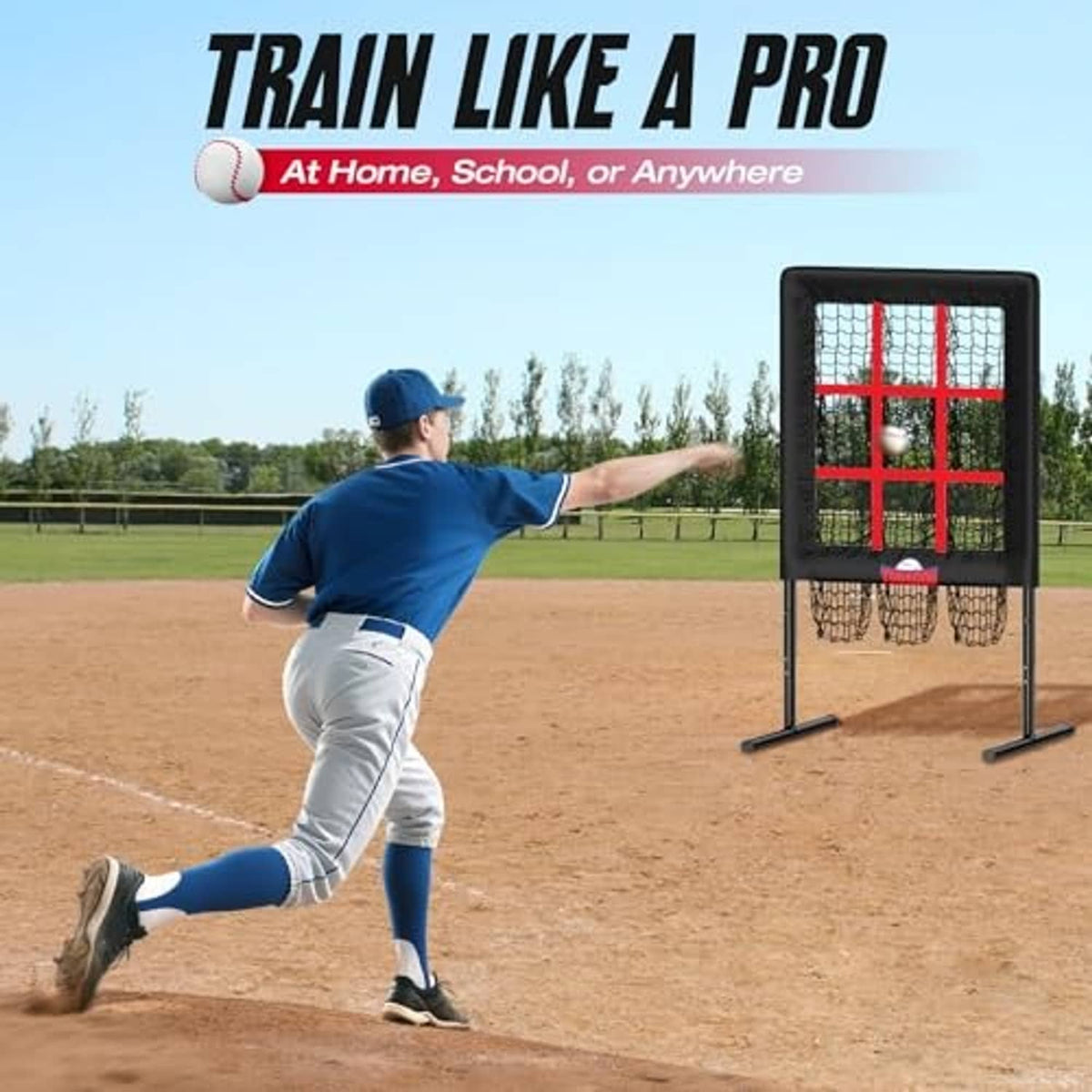 Pitching practice net target with red strike zone grid on black stand