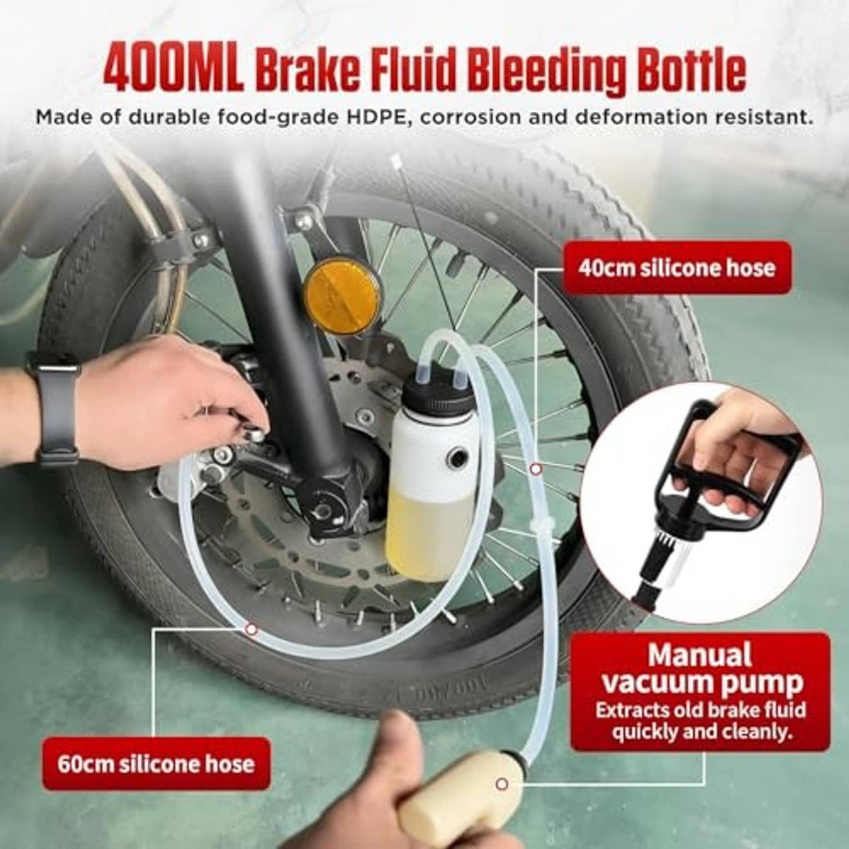 Brake fluid bleeding bottle kit with 40cm silicone hose and 60cm silicone hose for motorcycle wheels