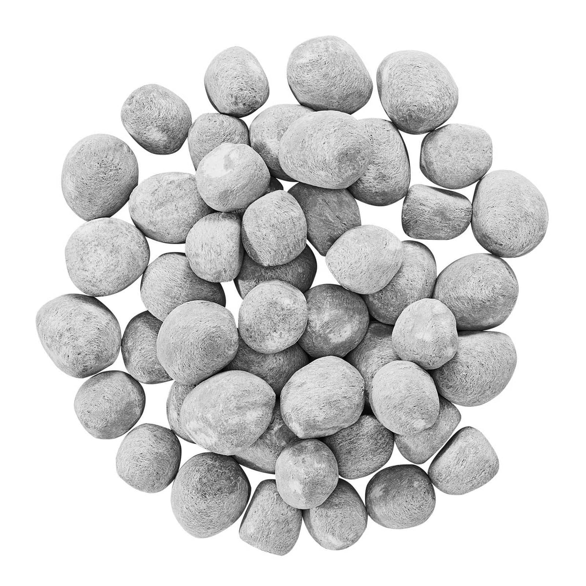 Grey ceramic fire pebble stones, round smooth pebbles in a tight pile.