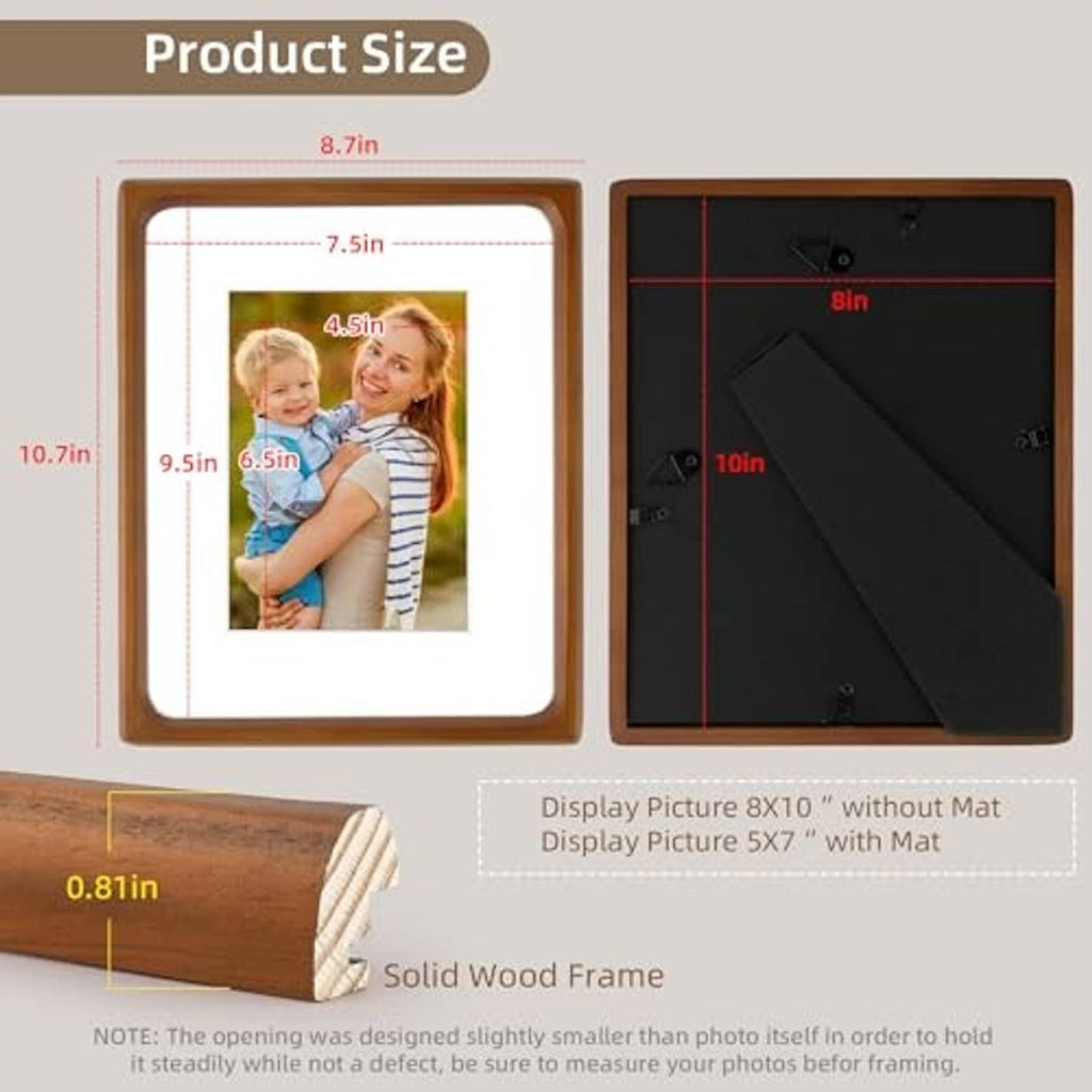 Brown solid wood 8x10 picture frame with glass, showing front and backing