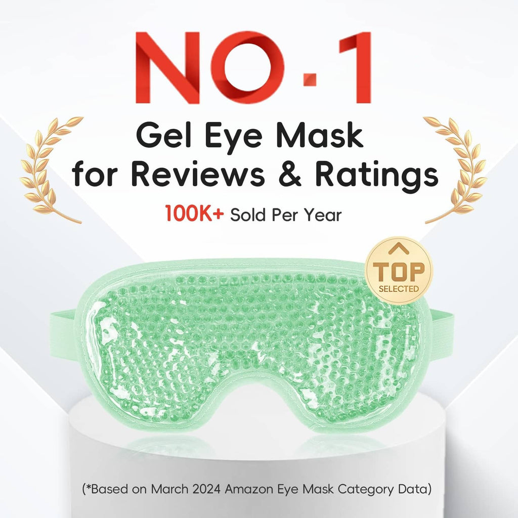 Green cooling gel eye mask with textured surface and elastic strap, contoured fit