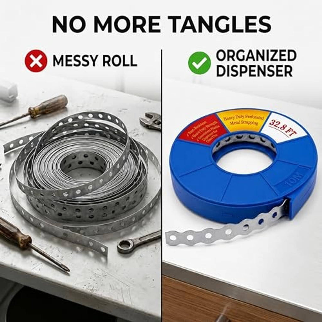 Perforated metal strap roll on blue coil reel for organized storage