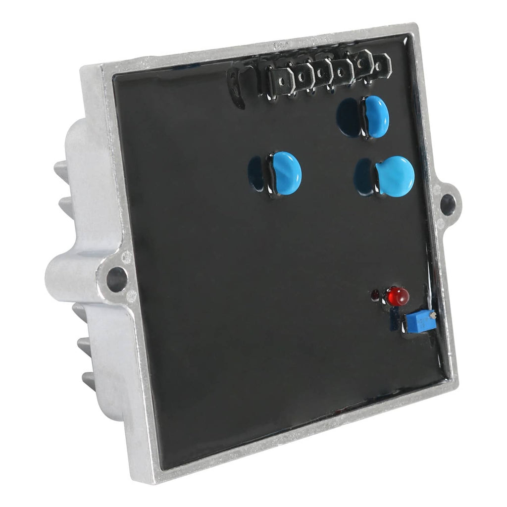 Voltage regulator PCB module with blue relays and black circuit board in metal frame