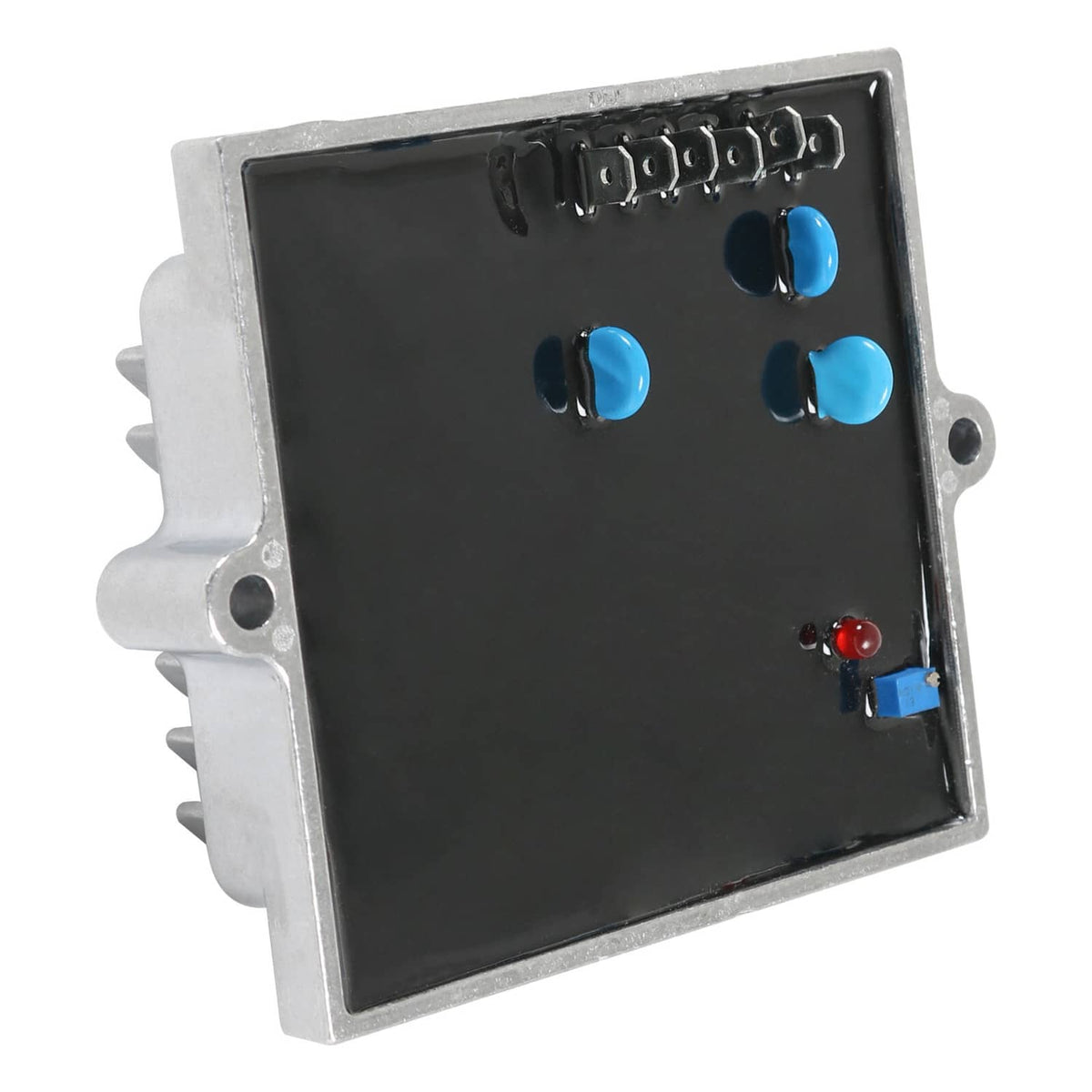 Voltage regulator PCB module with blue relays and black circuit board in metal frame