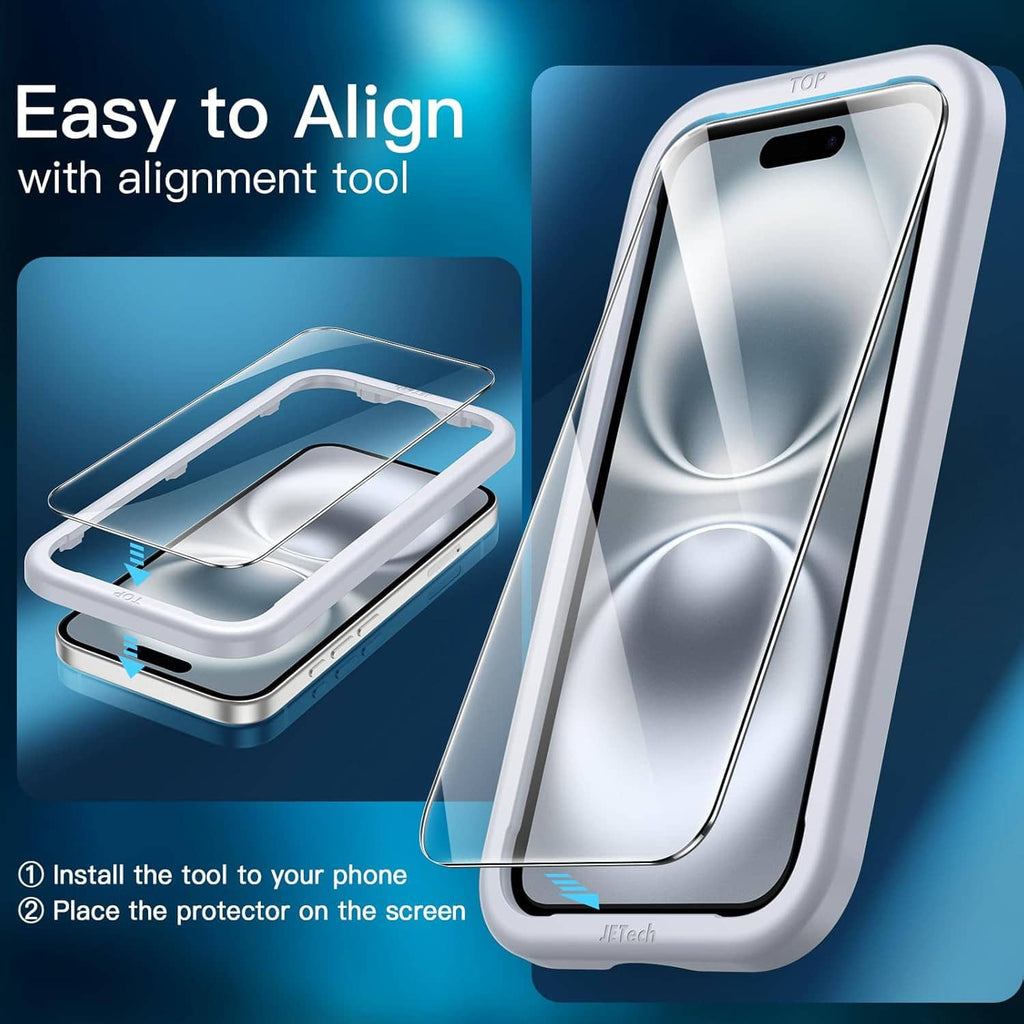 Tempered glass screen protector with alignment tool, clear film for iPhone 16