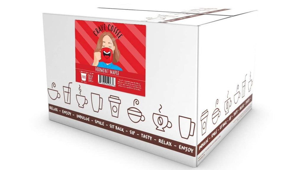 Vermont maple flavored coffee pod box with icons for pods and servings